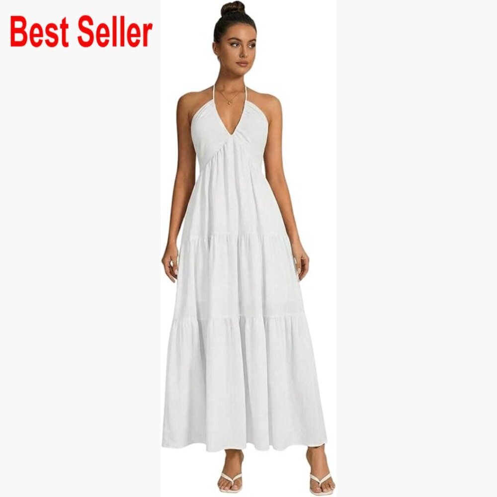 Polyester Backless Halter Maxi Dress for Beach Vacation Casual Wear
